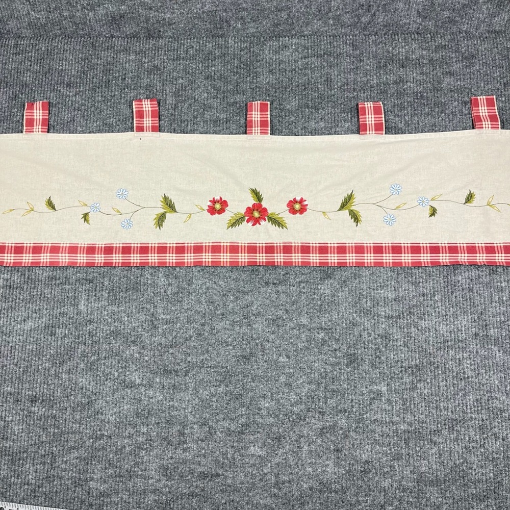 Vtg 80s Cottage Cafe Style Kitchen Curtains Embroidered Floral Plaid Farmhouse - Picture 2 of 12